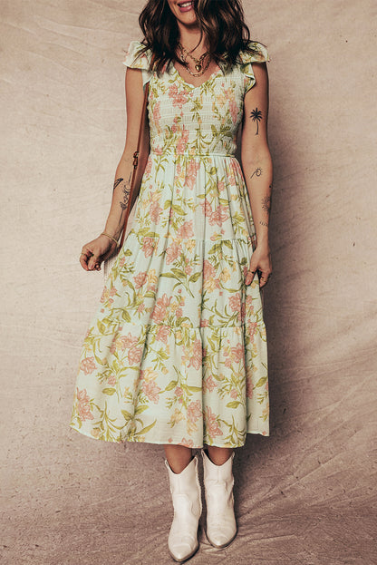 Yellow Ruffled Sleeveless Tiered Floral Maxi Dress