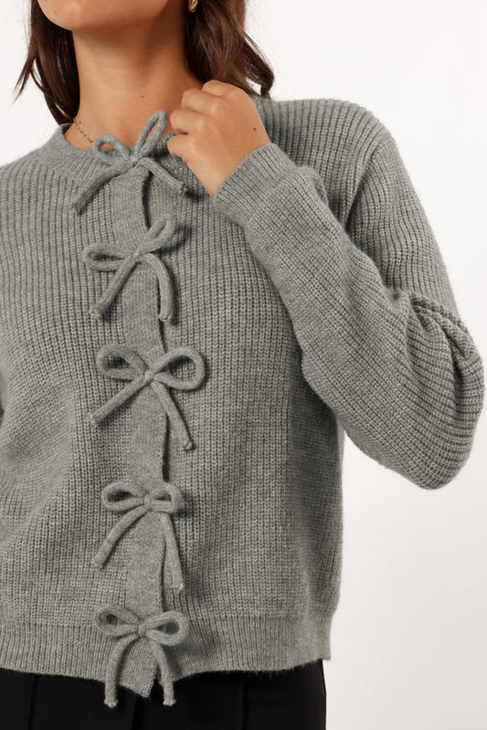 Gray Ribbed Knit Bow Front Buttoned Cardigan Dear-Lover Dropshipping