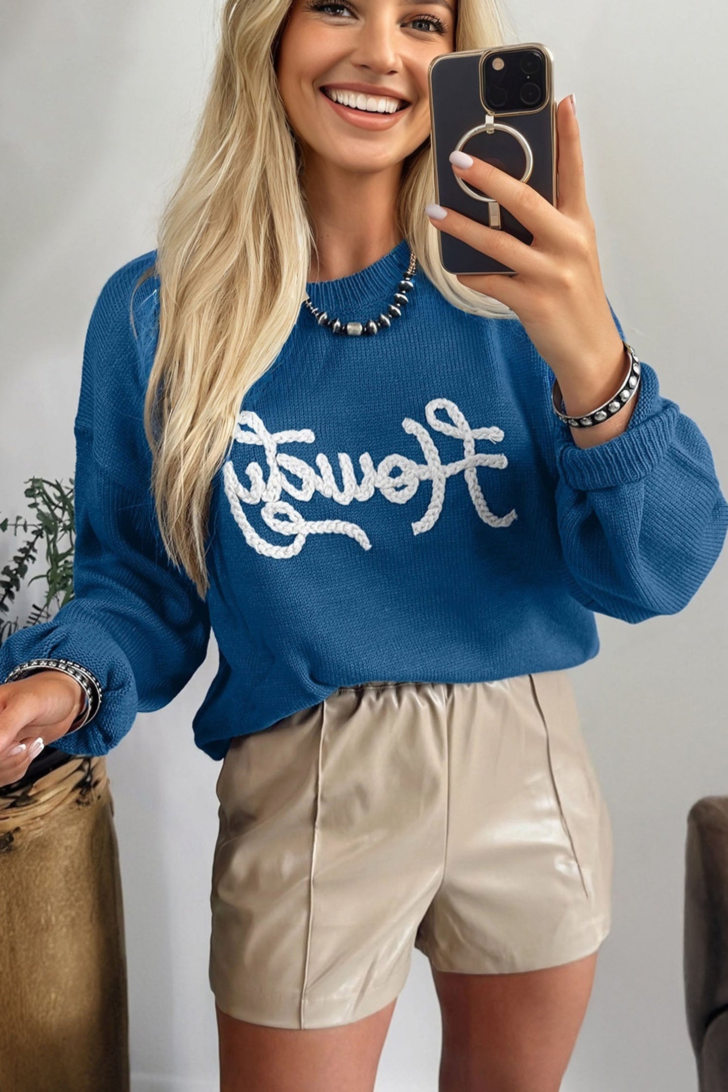 Howdy Embroidered Sweater - Dusk Blue Dear-Lover Dropshipping