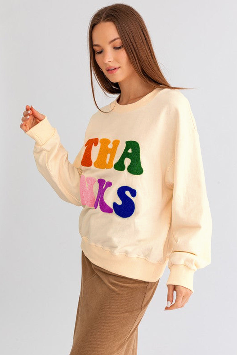 THANKS Chenille Embroidered Graphic Sweatshirt Daisie Boutique