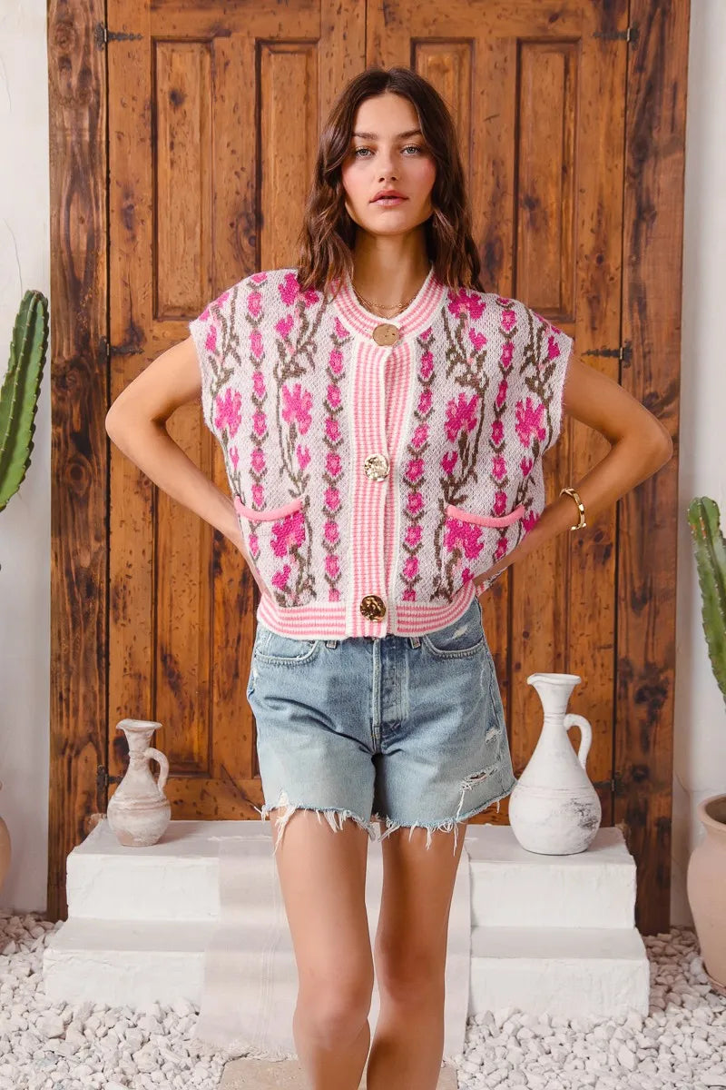 SO ME Button Front Floral and Stripe Knitted Sweater Vest My Pampered Life Seattle