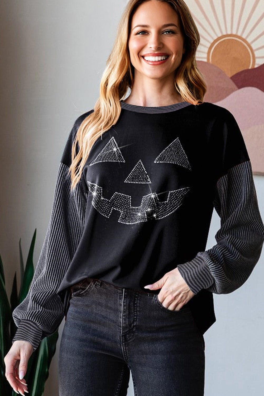 Halloween Rhinestone Pumpkin Face Long Sleeve Top Dear-Lover Dropshipping