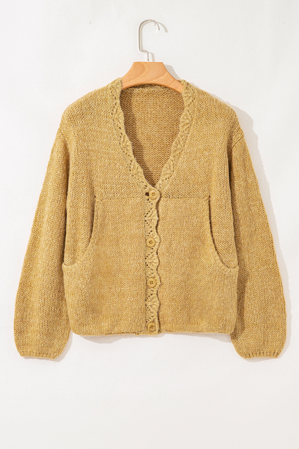 Light French Beige Lantern Sleeve Scallop V Neck Buttoned Front Cardigan Daisie Boutique