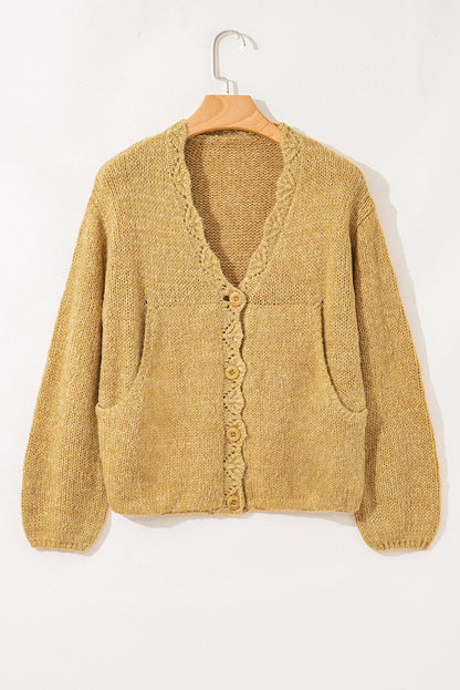 Light French Beige Lantern Sleeve Scallop V Neck Buttoned Front Cardigan Daisie Boutique