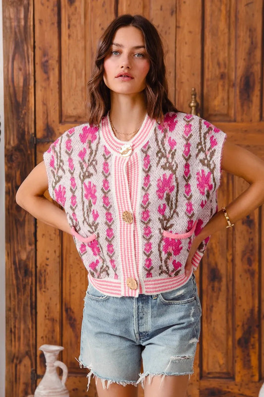 SO ME Button Front Floral and Stripe Knitted Sweater Vest My Pampered Life Seattle