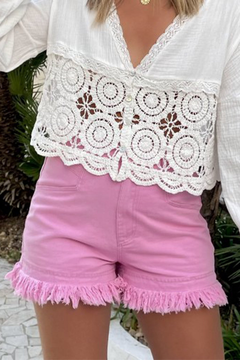 Pink Frayed Edge Mid Rise Denim Shorts Daisie Boutique