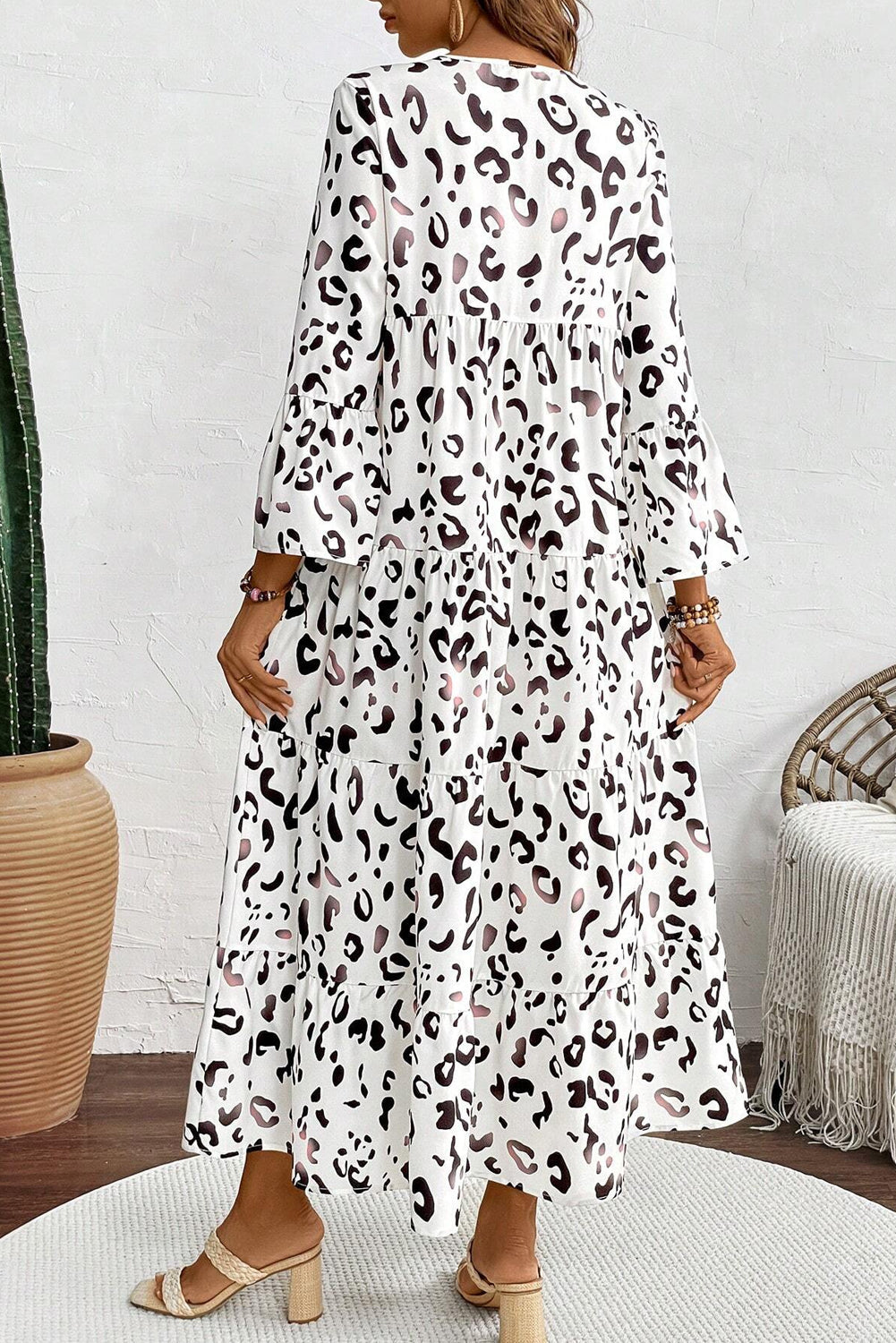 Leopard Print V Neck Loose Fit Maxi Dress - White Daisie Boutique