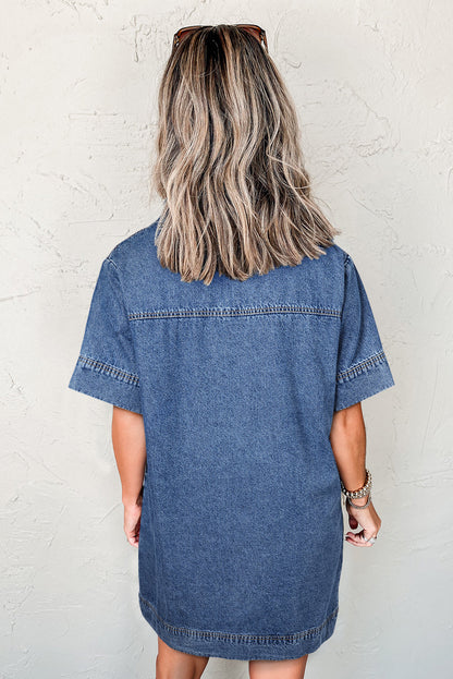 Short Sleeve Collared Pocket Denim Mini Dress Daisie Boutique