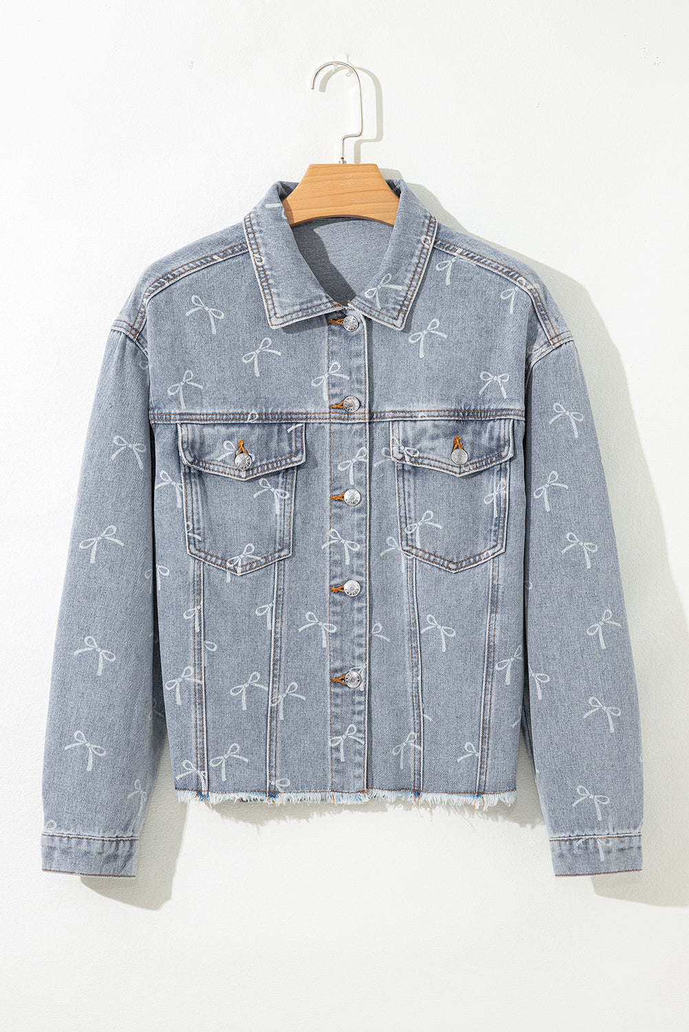 Bow Knot Print Light Wash Raw Hem Denim Jacket Dear-Lover Dropshipping