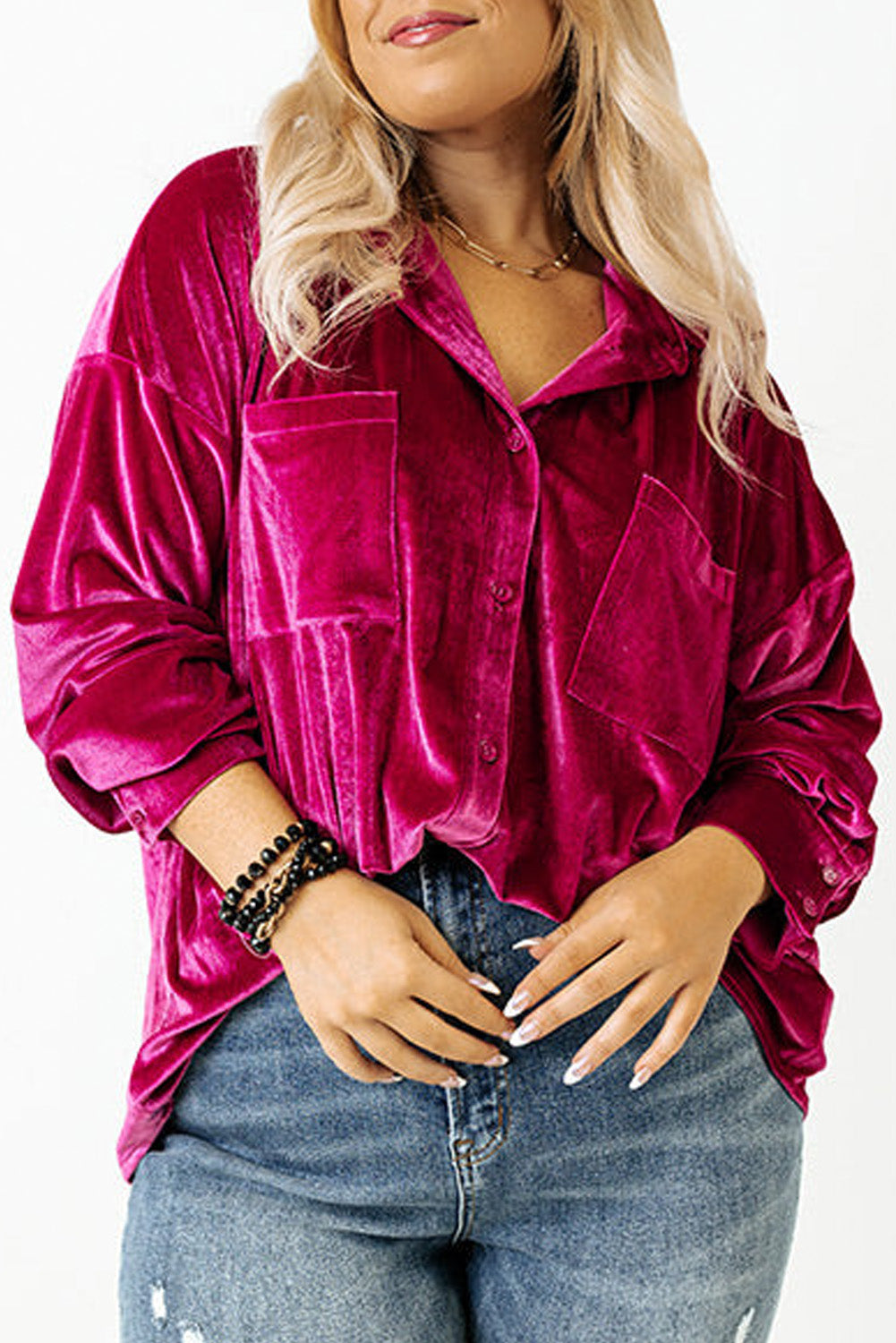 Plus Size Velvet Chest Pocket Drop Shoulder Shirt Daisie Boutique