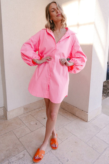 Bright Pink Button Up Mini Shirt Dress Dear-Lover Dropshipping