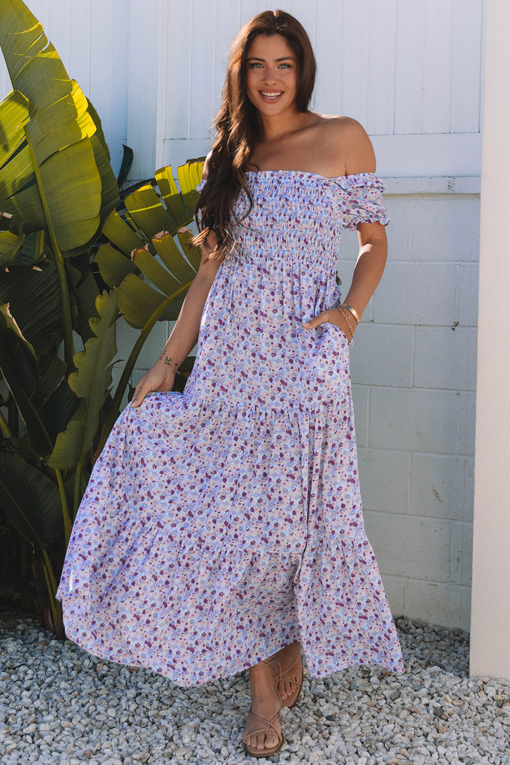 Purple Floral Short Bubble Sleeve Shirred High Waist Maxi Dress Daisie Boutique