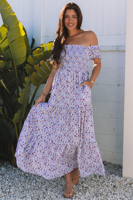 Purple Floral Short Bubble Sleeve Shirred High Waist Maxi Dress Daisie Boutique