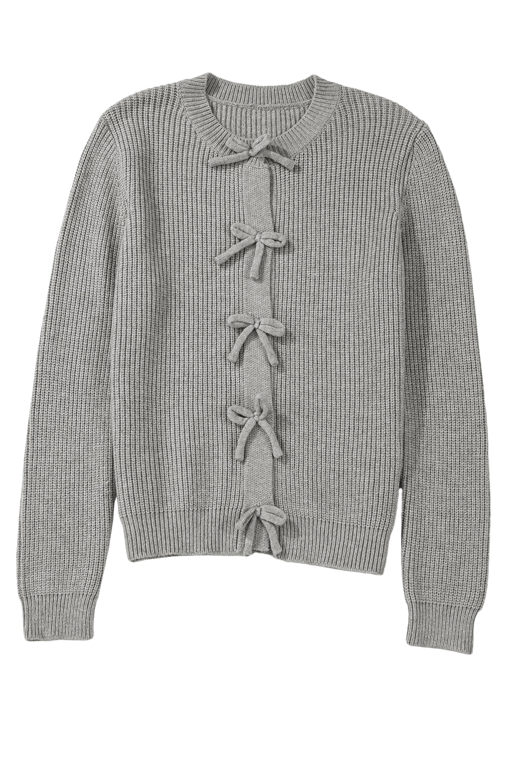 Gray ribbed sweater with decorative bows on a white background