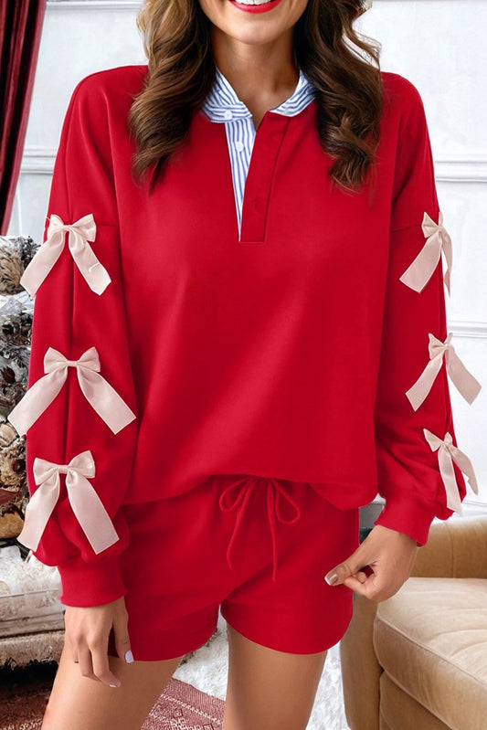 Bow Sweatshirt and Short Set - Red Dear-Lover Dropshipping