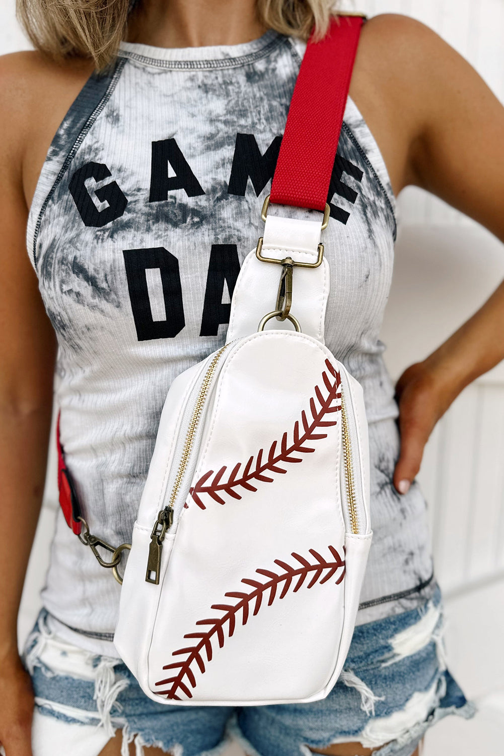 Baseball Pattern PU Leather Zipped Sling Bag Daisie Boutique