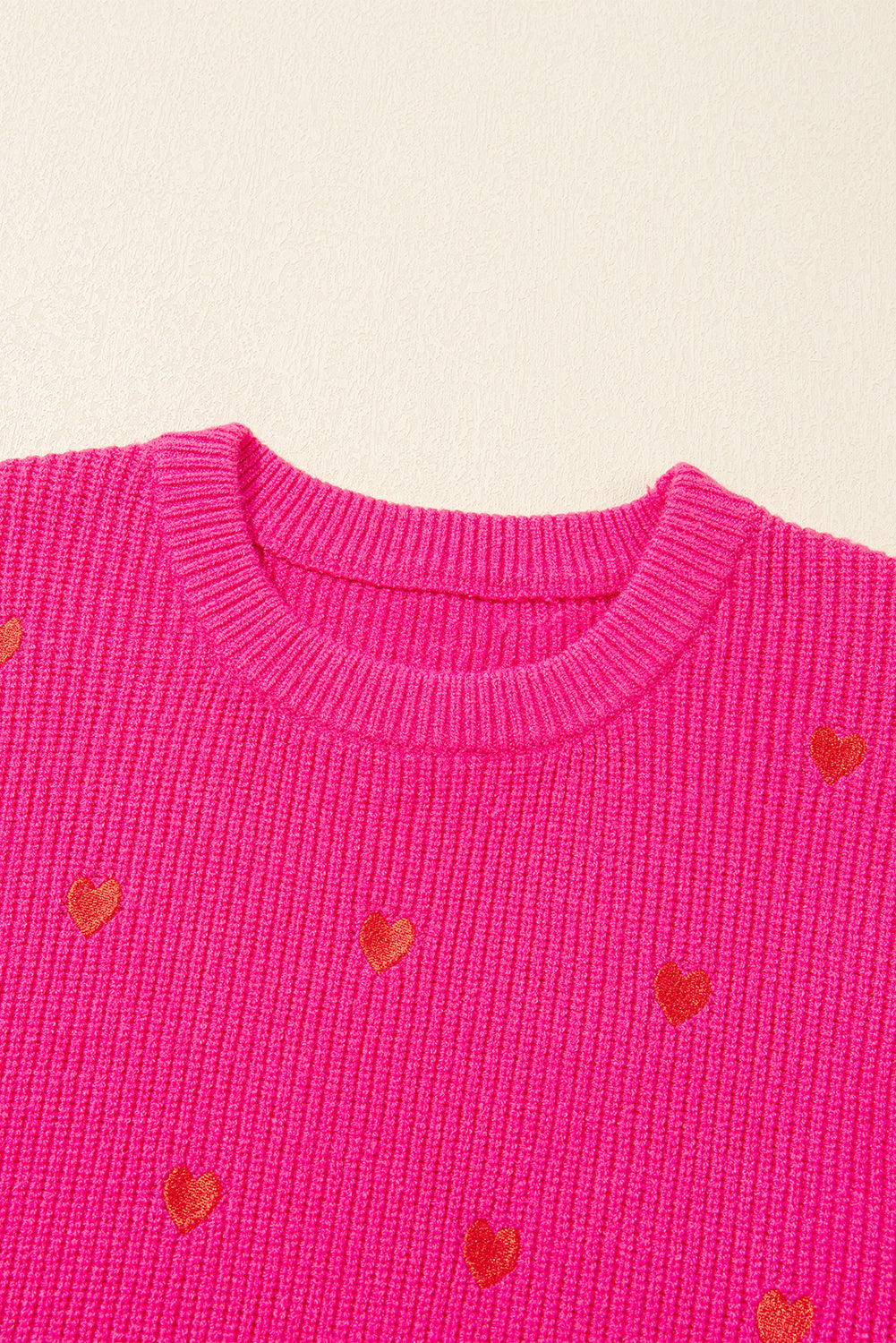 Heart Shape Drop Shoulder Round Neck Sweater - Rose Red Daisie Boutique