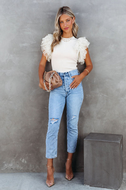Mesh Ruffle Sleeve Ribbed Knit Top Daisie Boutique