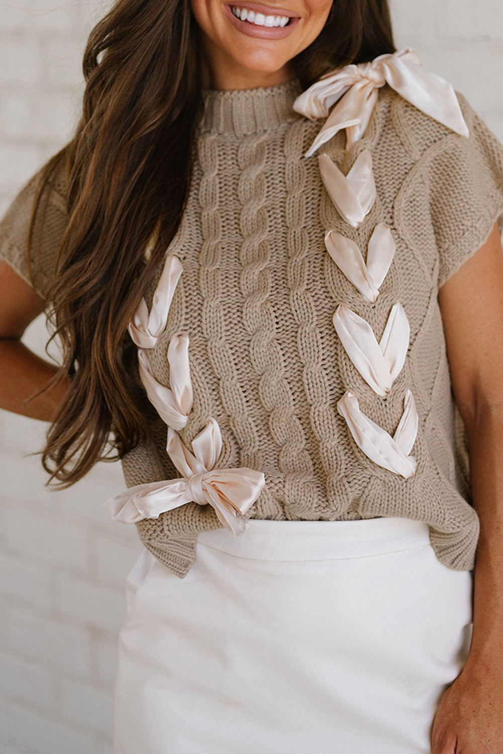 Taupe Cable Knit Satin Bowknot Short Sleeve Sweater Daisie Boutique