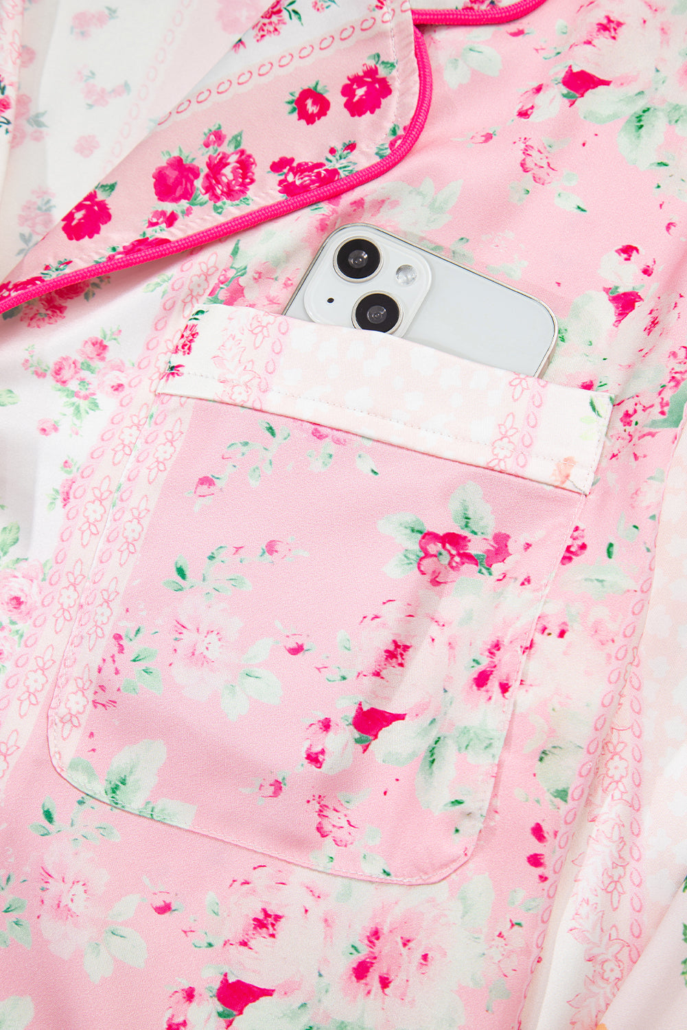 Pink Mixed Floral Print Contrast Piping Trim Satin Tie 2pcs Pajama Set Dear-Lover Dropshipping