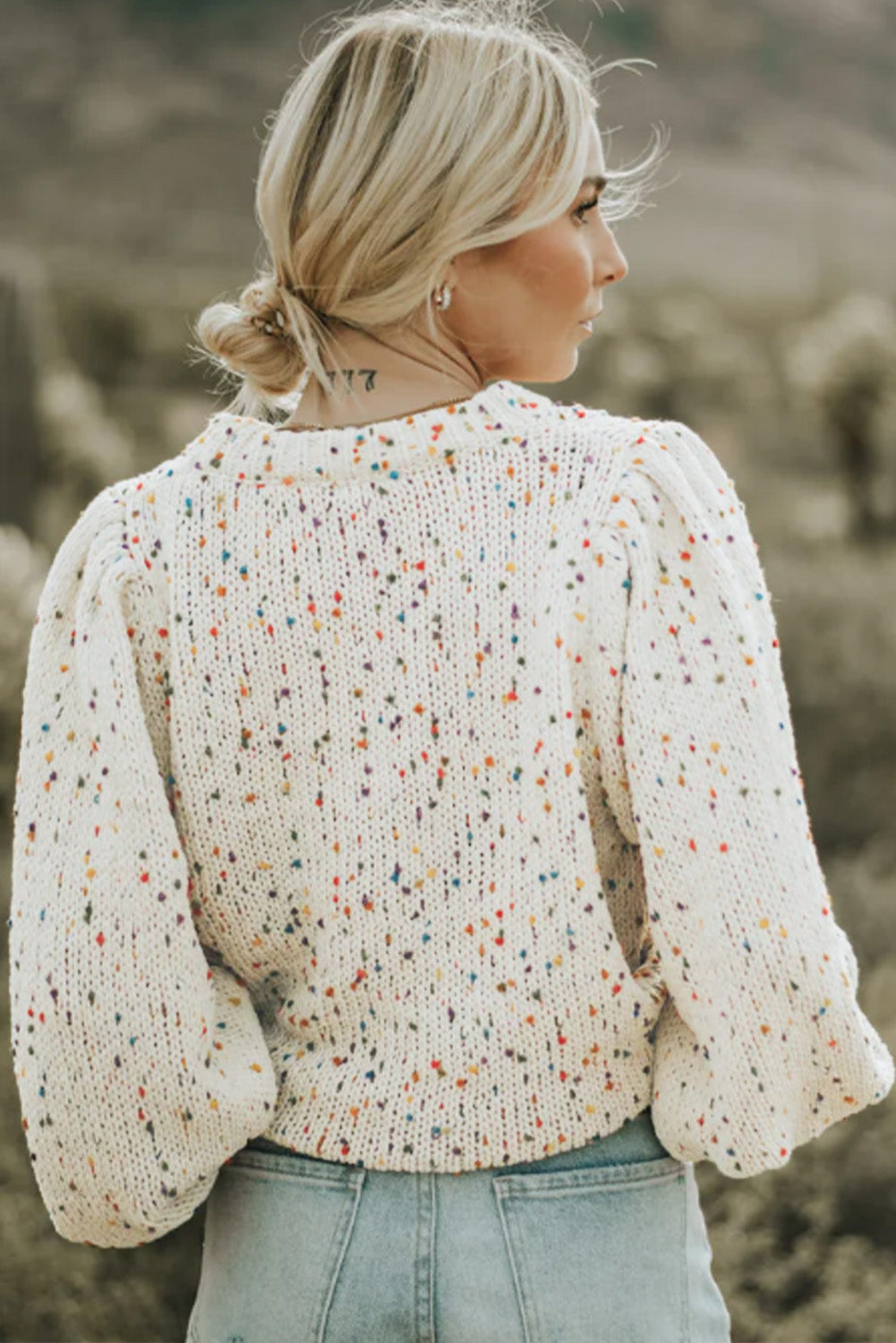 Beige Colorful Confetti Dots Cable Knit Crew Neck Sweater Daisie Boutique