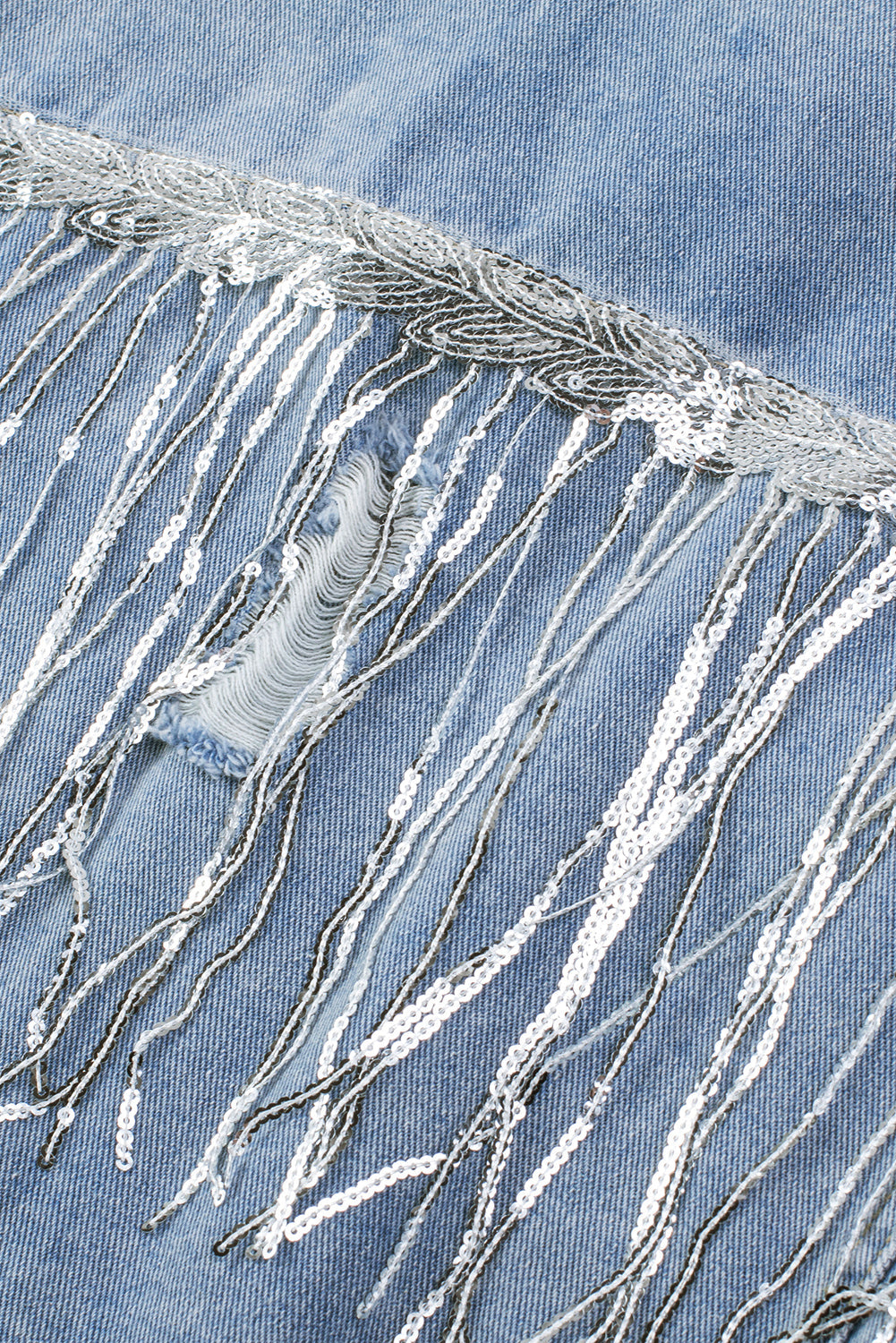 Sequin Embellished Fringe Distressed Denim Jacket Daisie Boutique