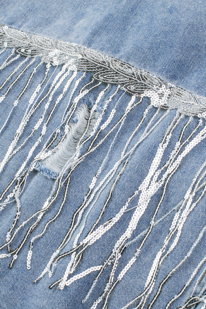 Sequin Embellished Fringe Distressed Denim Jacket Daisie Boutique