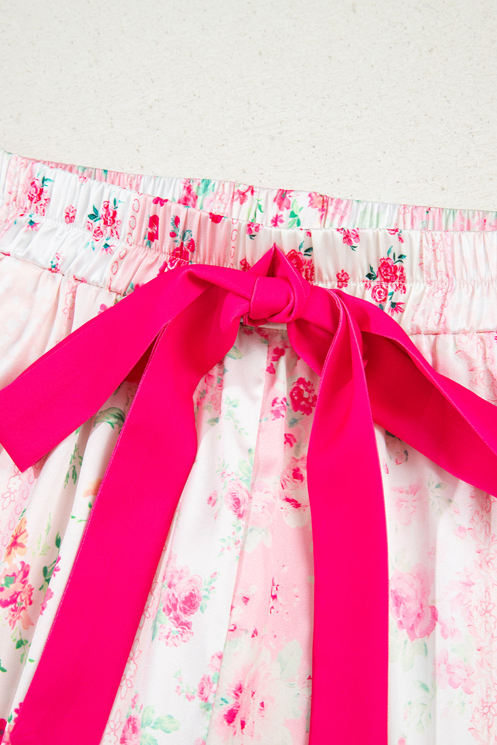 Pink Mixed Floral Print Contrast Piping Trim Satin Tie 2pcs Pajama Set Dear-Lover Dropshipping