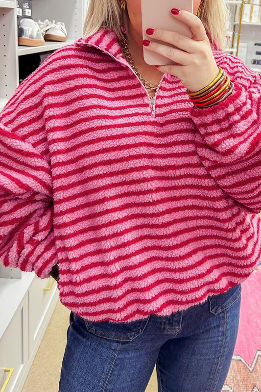 Pink Stripe Quarter Zip Fleece Oversize Sweatshirt Dear-Lover Dropshipping