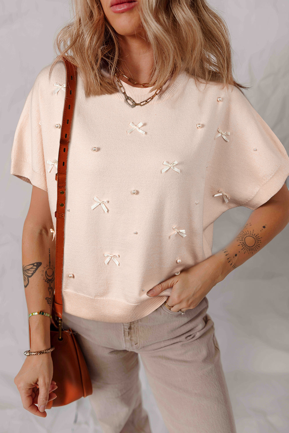 Pearl Bow Embellished Short Sleeve Sweater - Oatmeal Daisie Boutique