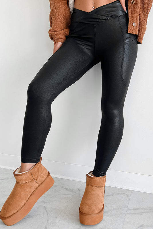 Black V Crossover High Waist Faux Leather Leggings Daisie Boutique