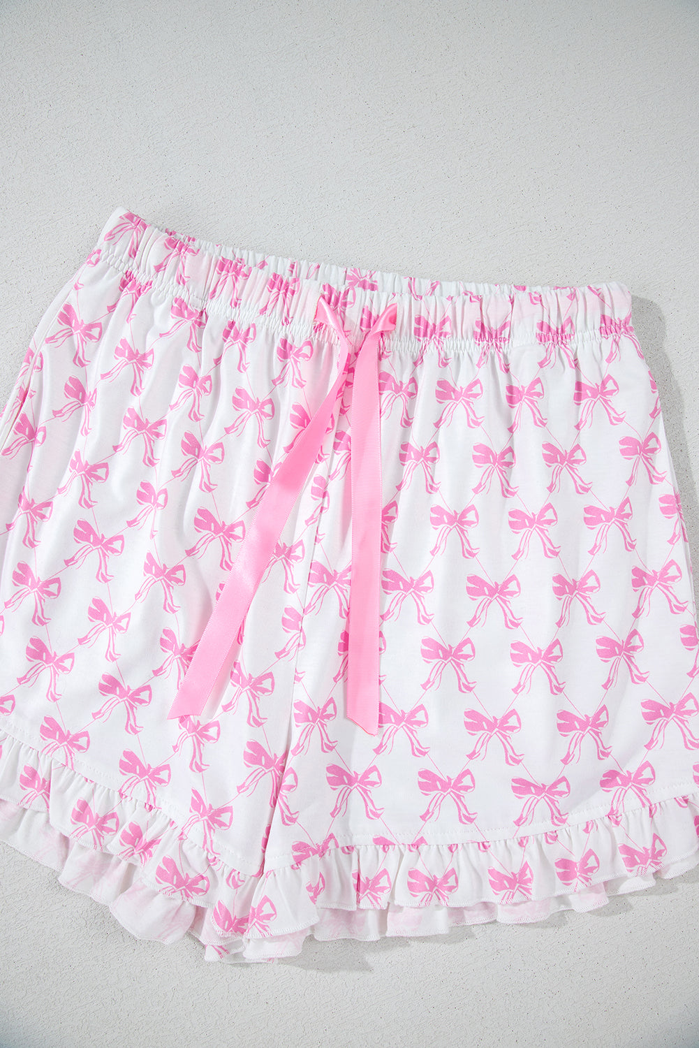 Bowknot Printed Short Sleeve and Ruffled Shorts Pajama Set - Pink