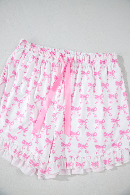 Bowknot Printed Short Sleeve and Ruffled Shorts Pajama Set - Pink