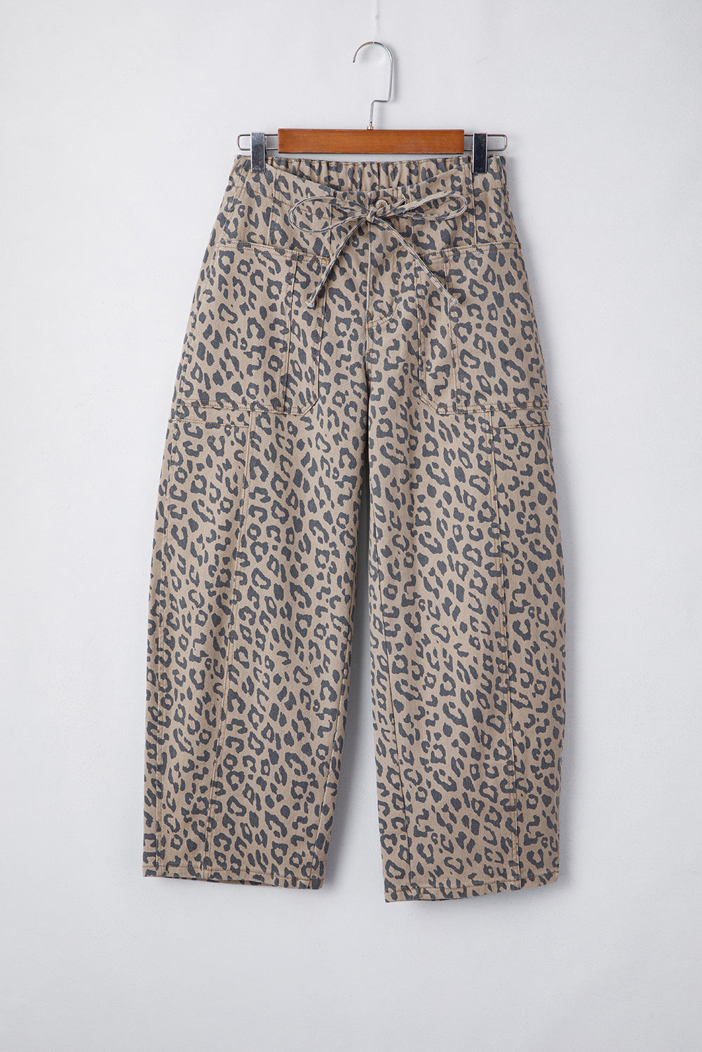 Khaki Leopard Printed Drawstring Waist Pocketed Wide Leg Jeans Daisie Boutique