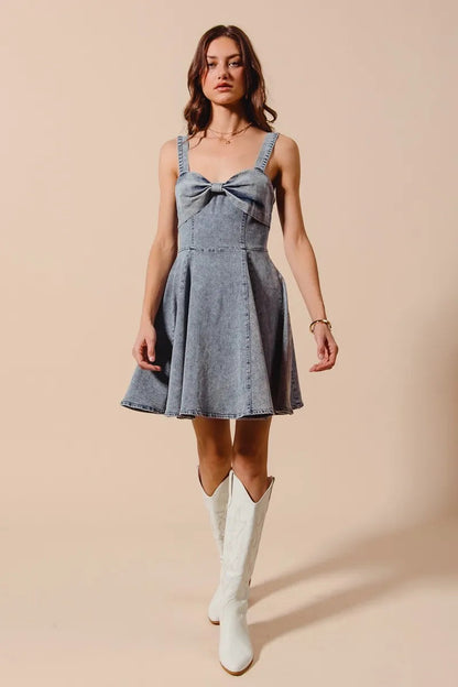 SO ME Mineral Washed Bow Ribbon Denim Flare Dress My Pampered Life Seattle