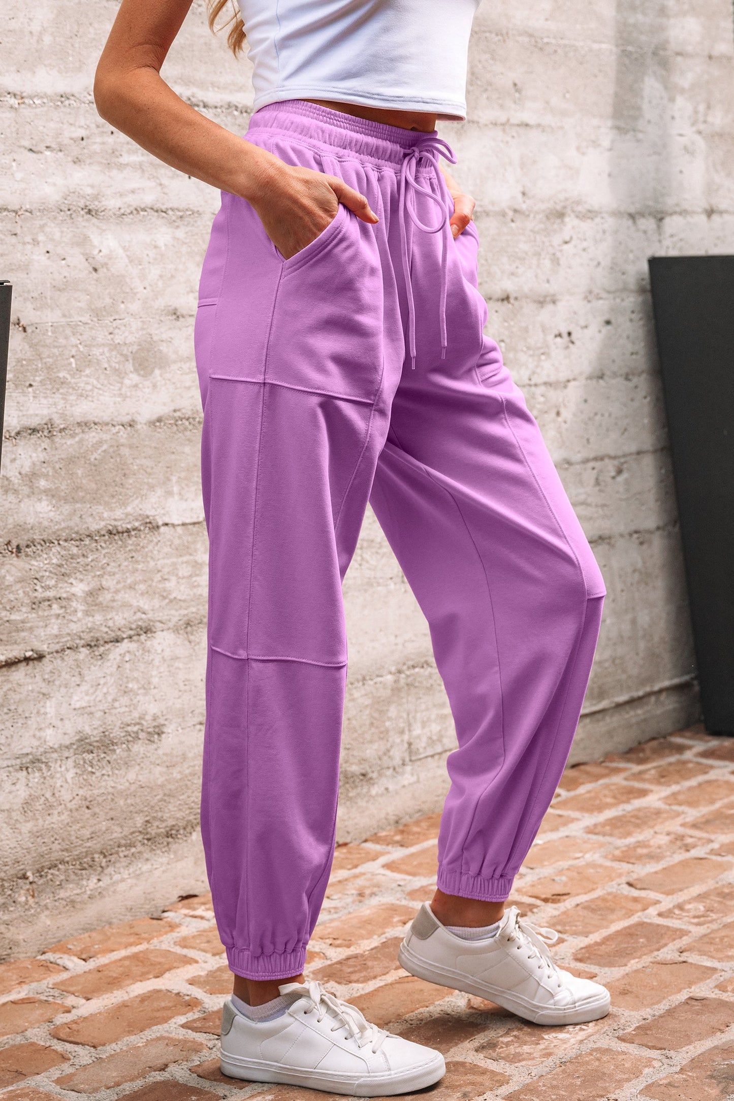 Drawstring Waist Patchwork Solid Color Jogger Pants - Lilac Dear-Lover Dropshipping