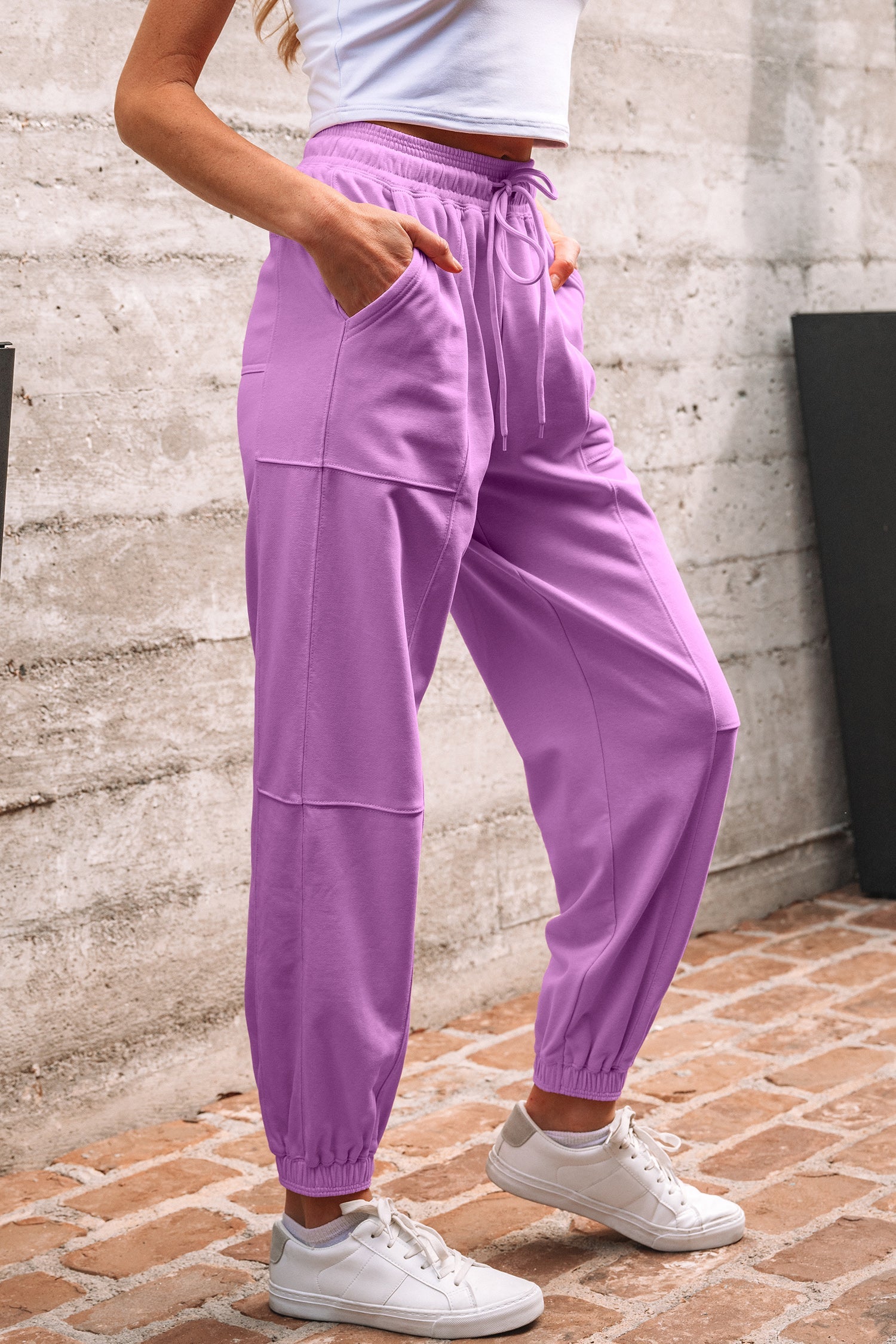 Drawstring Waist Patchwork Solid Color Jogger Pants - Lilac Dear-Lover Dropshipping