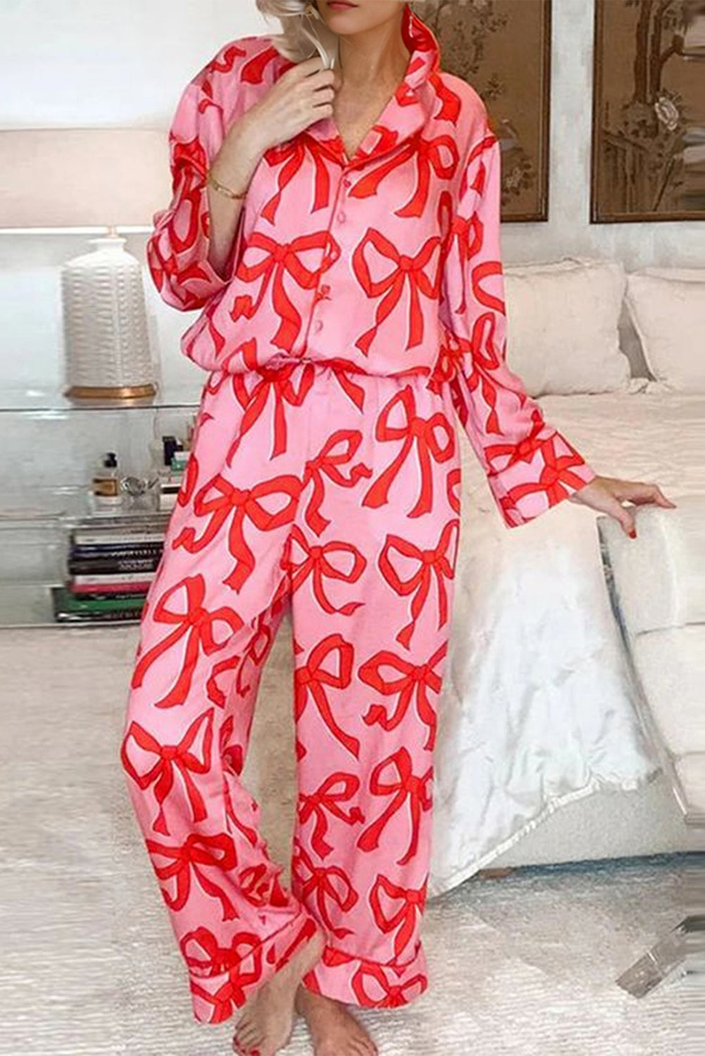 Pink Bow Print Long Sleeve Pajama Set Daisie Boutique