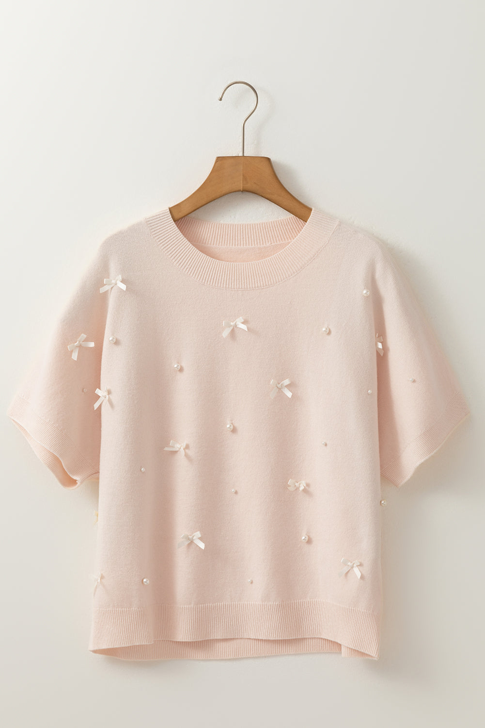 Pearl Bow Embellished Short Sleeve Sweater - Oatmeal Daisie Boutique