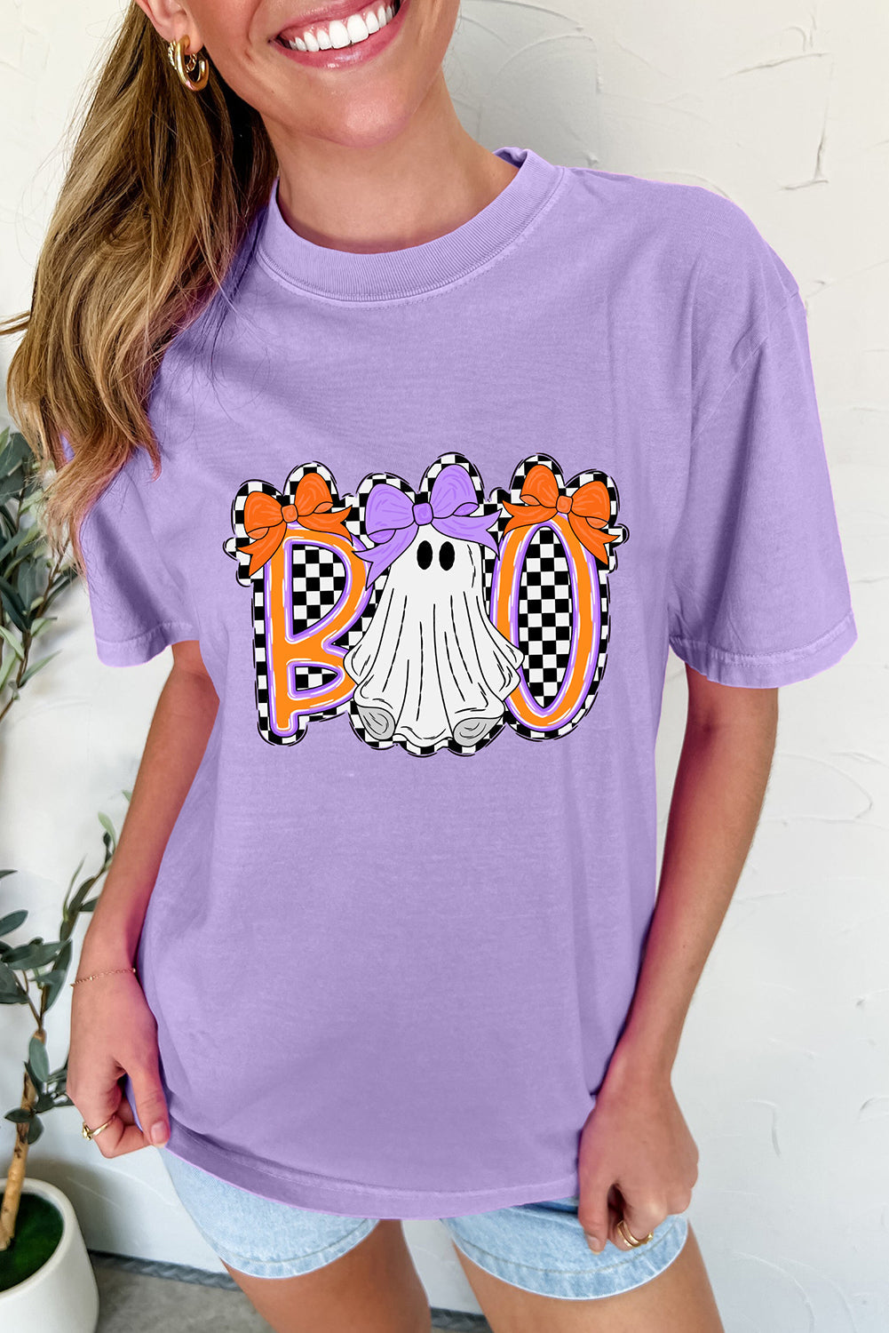 Boo Checkered Bow Ghost Halloween Graphic Tee Dear-Lover Dropshipping