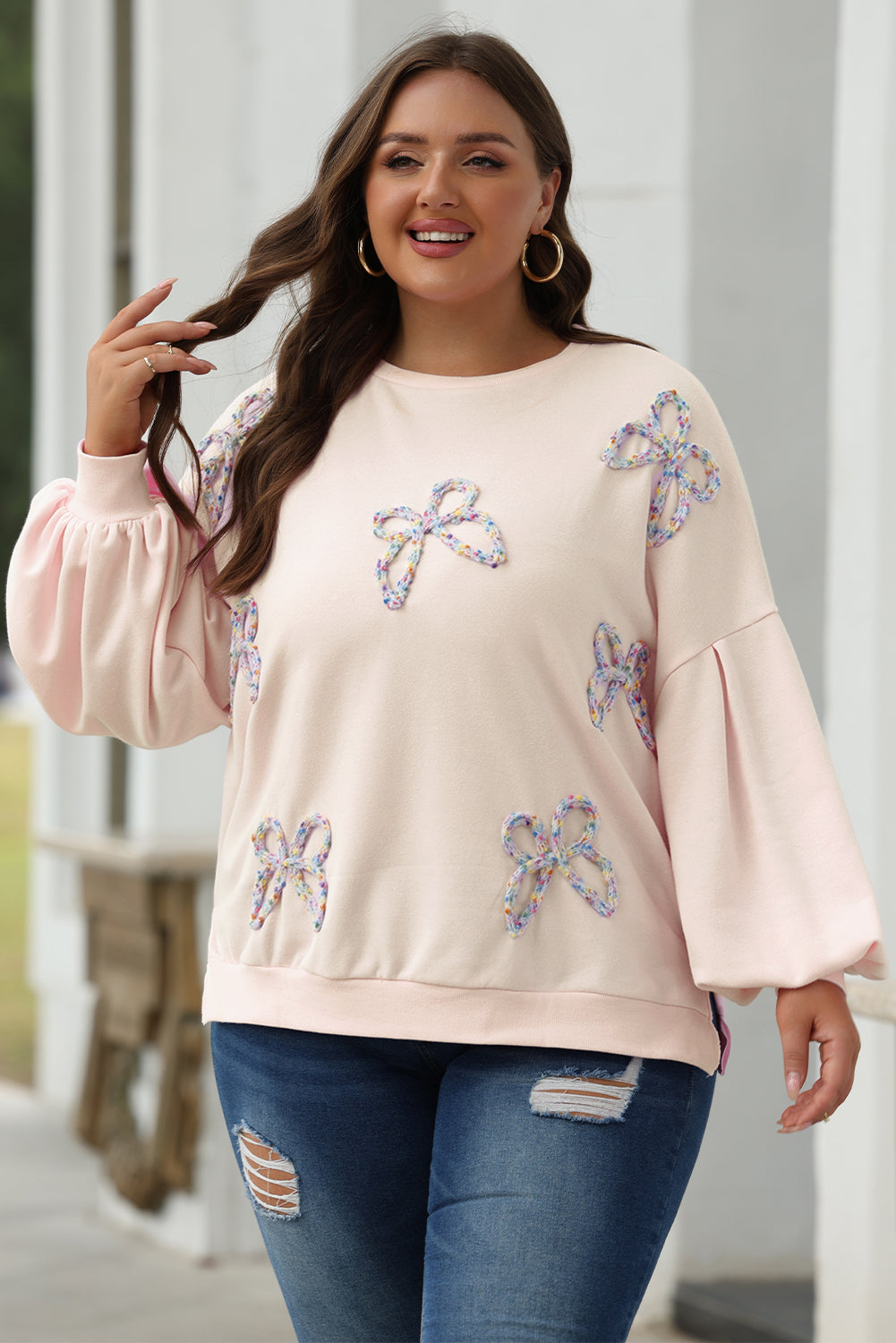 Light Pink Embroidered Bow Lantern Sleeve Oversized Pullover Sweatshirt Daisie Boutique