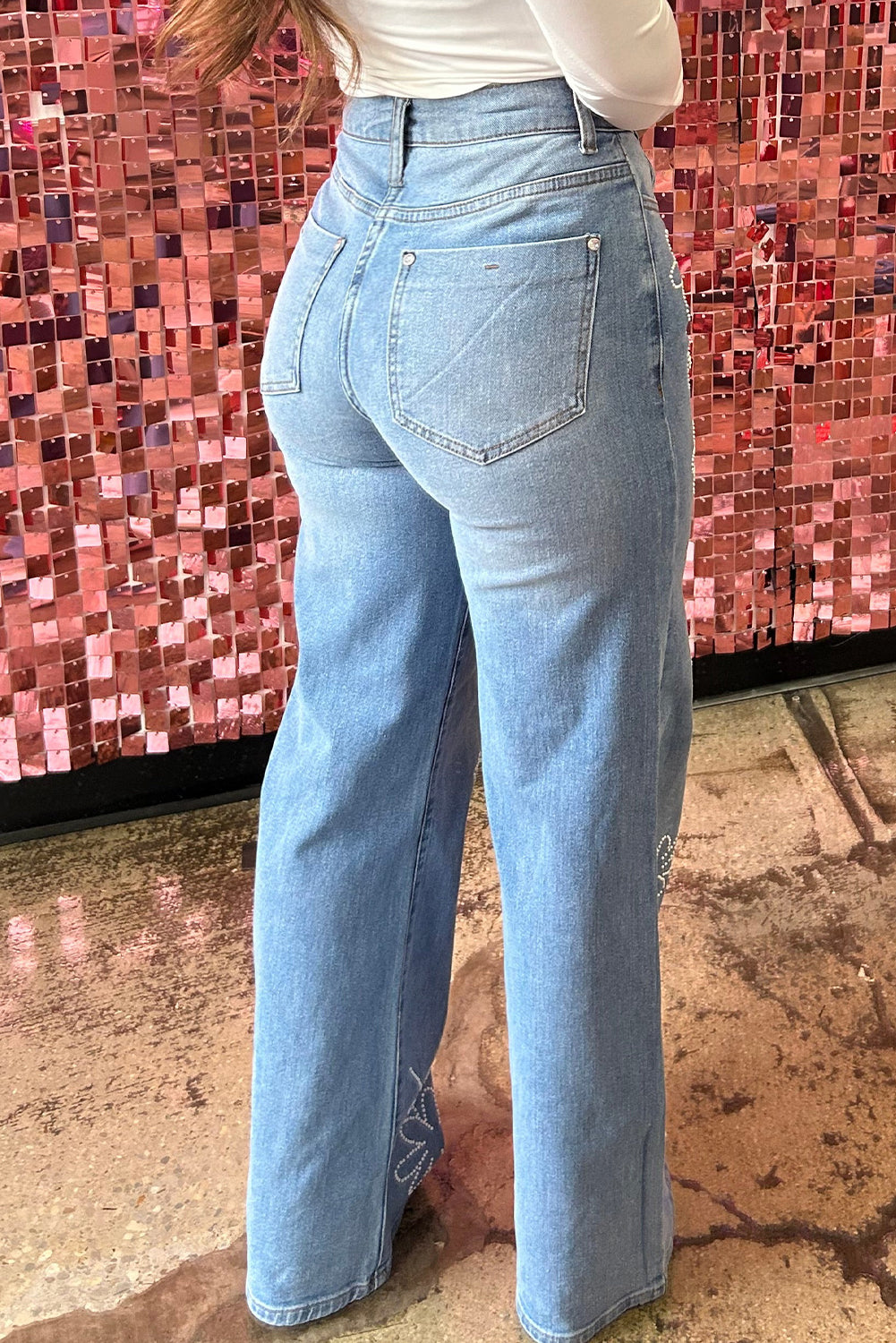 Floral Rhinestone High Rise Wide Leg Jeans - Light Blue Daisie Boutique