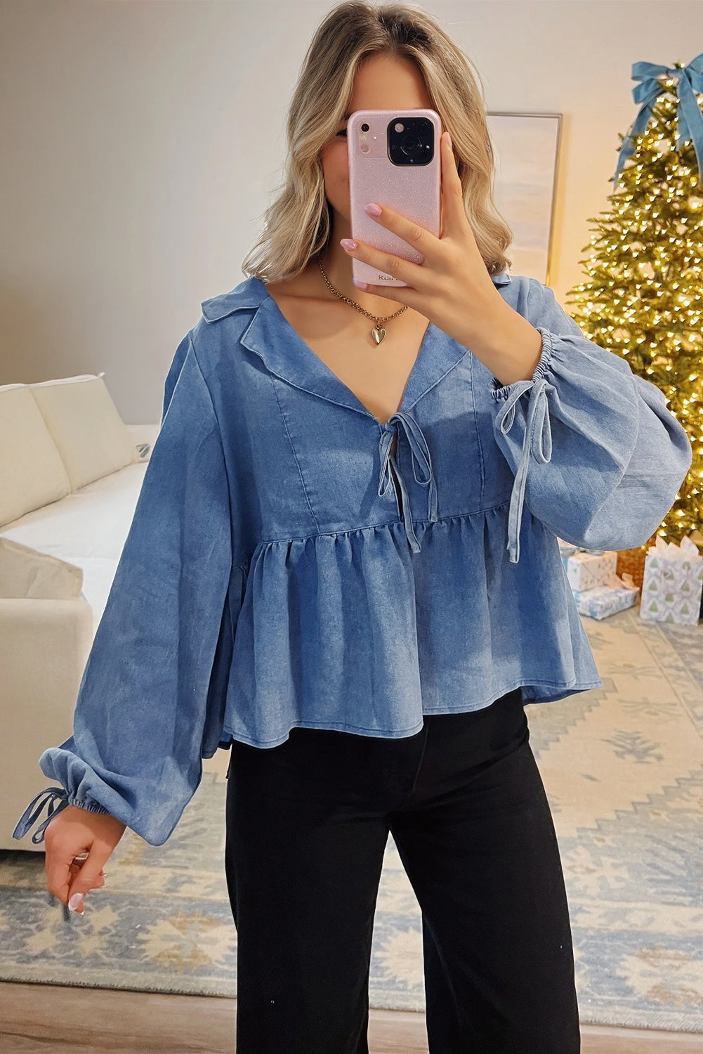 Denim Balloon Sleeve Tied Peplum Top Dear-Lover Dropshipping