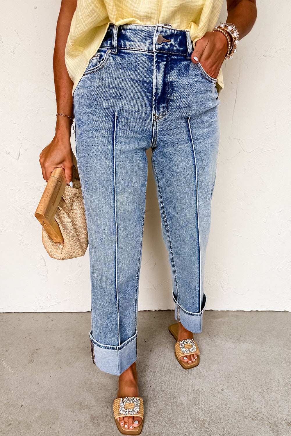 Seam Cuffed Hem Straight High Waist Jeans Daisie Boutique