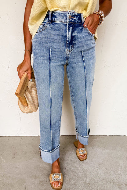 Seam Cuffed Hem Straight High Waist Jeans Daisie Boutique