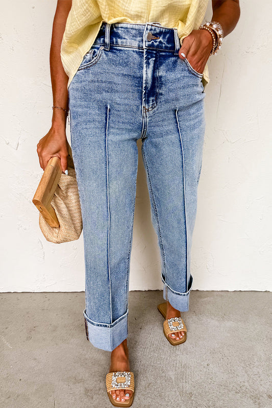 Seam Cuffed Hem Straight High Waist Jeans Daisie Boutique