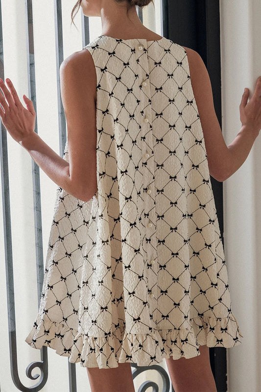 White Bow Checker Pearled Buttons Back Ruffled Sleeveless Mini Dress Dear-Lover Dropshipping