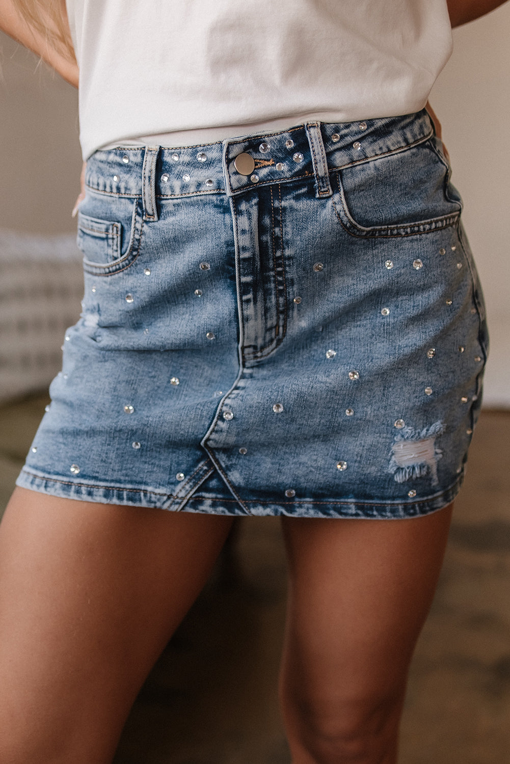 Rhinestone Distressed Denim High Waist Mini Skirt Daisie Boutique