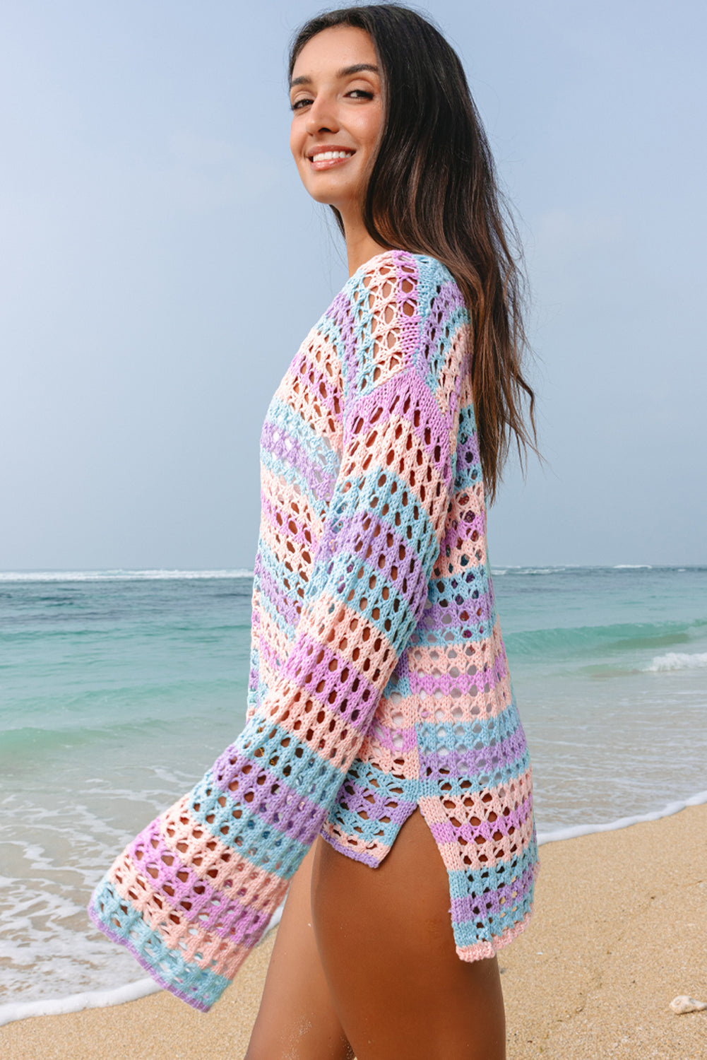 Multicolor Stripe Knit Sweater Beach Cover Up Daisie Boutique