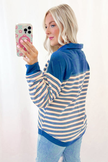 Stripe Buttoned V Neck Collared Top Daisie Boutique